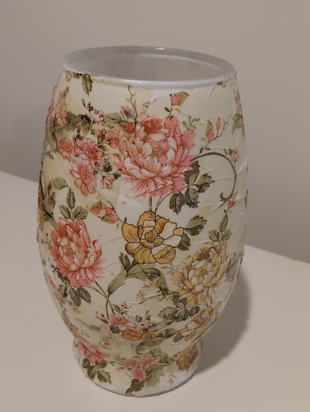 Floral Decoupage Glass Vase in Cream with Pink and Yellow Flowers